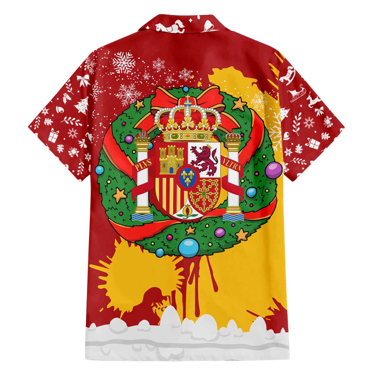 Spain Christmas Family Matching Off The Shoulder Long Sleeve Dress and Hawaiian Shirt with Tio de Nadal Log Snowflakes Spanish Flag and Holiday Wreath - Wonder Print Shop