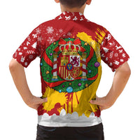 Spain Christmas Family Matching Off Shoulder Maxi Dress and Hawaiian Shirt with Tio de Nadal Log Snowflakes Spanish Flag and Holiday Wreath - Wonder Print Shop