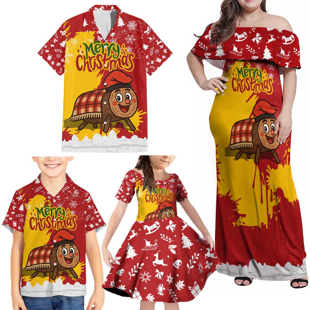 Spain Christmas Family Matching Off Shoulder Maxi Dress and Hawaiian Shirt with Tio de Nadal Log Snowflakes Spanish Flag and Holiday Wreath - Wonder Print Shop