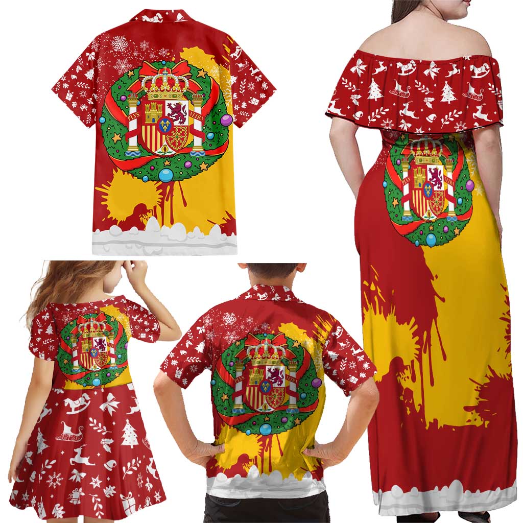 Spain Christmas Family Matching Off Shoulder Maxi Dress and Hawaiian Shirt with Tio de Nadal Log Snowflakes Spanish Flag and Holiday Wreath - Wonder Print Shop
