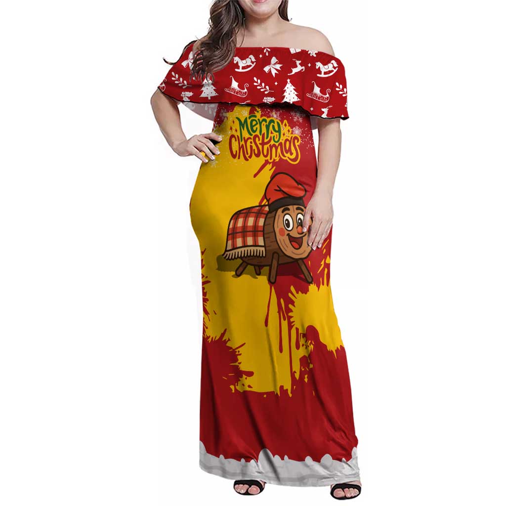 Spain Christmas Family Matching Off Shoulder Maxi Dress and Hawaiian Shirt with Tio de Nadal Log Snowflakes Spanish Flag and Holiday Wreath - Wonder Print Shop