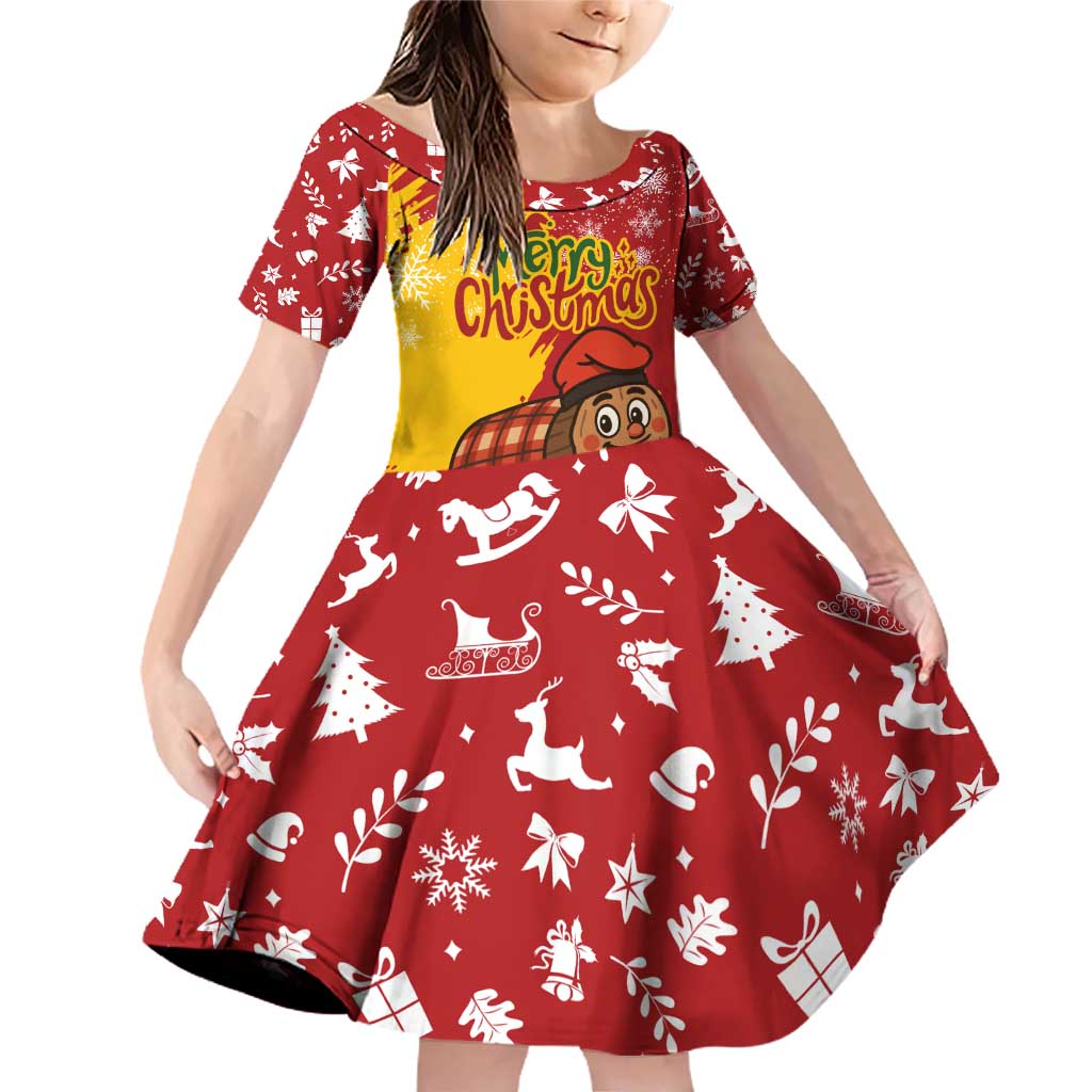 Spain Christmas Family Matching Off Shoulder Short Dress and Hawaiian Shirt with Tio de Nadal Log Snowflakes Spanish Flag and Holiday Wreath - Wonder Print Shop
