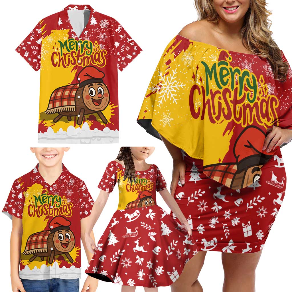 Spain Christmas Family Matching Off Shoulder Short Dress and Hawaiian Shirt with Tio de Nadal Log Snowflakes Spanish Flag and Holiday Wreath - Wonder Print Shop
