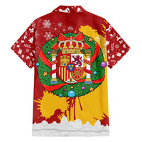 Spain Christmas Family Matching Off Shoulder Short Dress and Hawaiian Shirt with Tio de Nadal Log Snowflakes Spanish Flag and Holiday Wreath - Wonder Print Shop