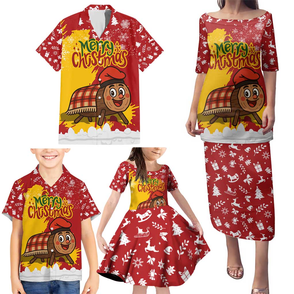 Spain Christmas Family Matching Puletasi and Hawaiian Shirt with Tio de Nadal Log Snowflakes Spanish Flag and Holiday Wreath - Wonder Print Shop
