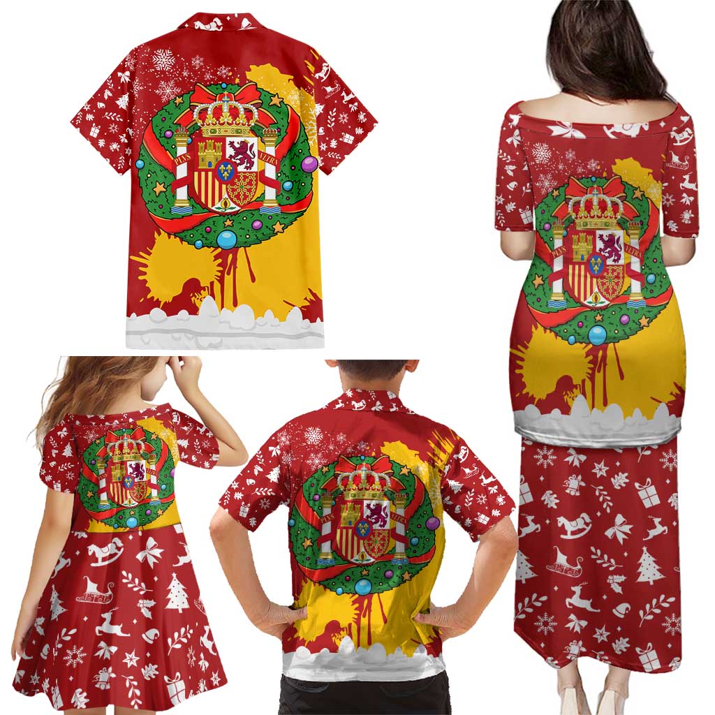 Spain Christmas Family Matching Puletasi and Hawaiian Shirt with Tio de Nadal Log Snowflakes Spanish Flag and Holiday Wreath - Wonder Print Shop