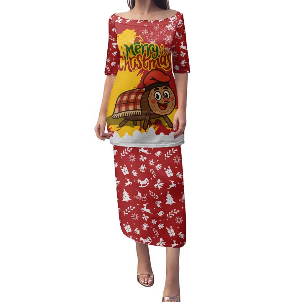 Spain Christmas Family Matching Puletasi and Hawaiian Shirt with Tio de Nadal Log Snowflakes Spanish Flag and Holiday Wreath - Wonder Print Shop