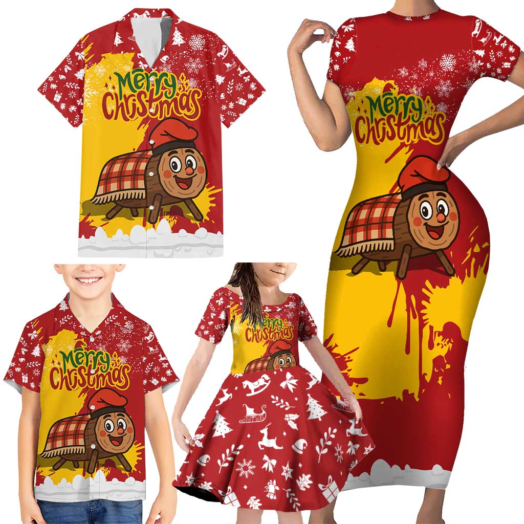 Spain Christmas Family Matching Short Sleeve Bodycon Dress and Hawaiian Shirt with Tio de Nadal Log Snowflakes Spanish Flag and Holiday Wreath - Wonder Print Shop