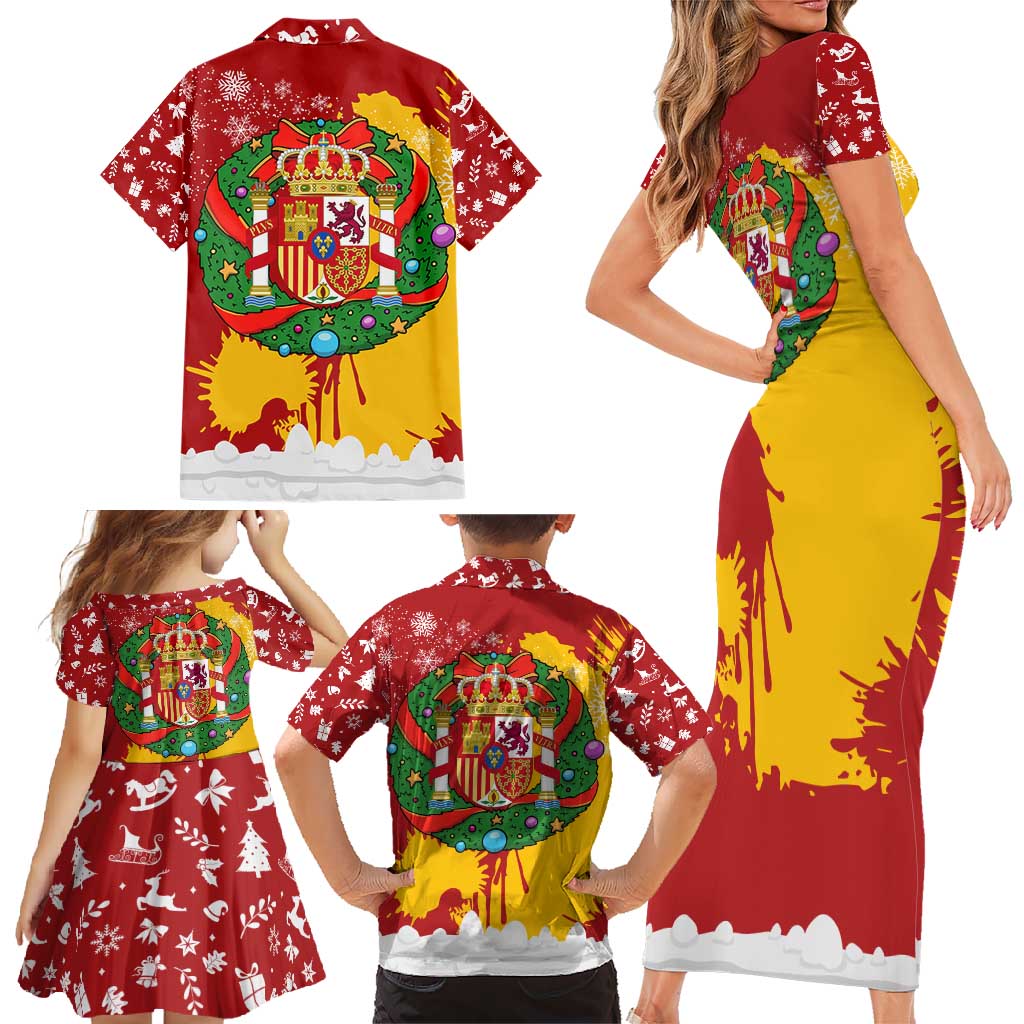 Spain Christmas Family Matching Short Sleeve Bodycon Dress and Hawaiian Shirt with Tio de Nadal Log Snowflakes Spanish Flag and Holiday Wreath - Wonder Print Shop