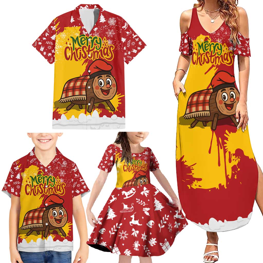 Spain Christmas Family Matching Summer Maxi Dress and Hawaiian Shirt with Tio de Nadal Log Snowflakes Spanish Flag and Holiday Wreath - Wonder Print Shop