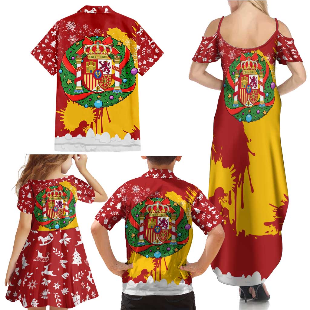 Spain Christmas Family Matching Summer Maxi Dress and Hawaiian Shirt with Tio de Nadal Log Snowflakes Spanish Flag and Holiday Wreath - Wonder Print Shop