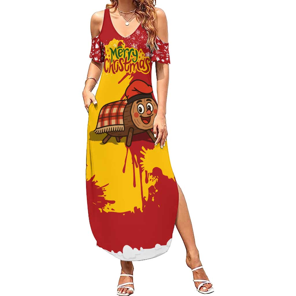 Spain Christmas Family Matching Summer Maxi Dress and Hawaiian Shirt with Tio de Nadal Log Snowflakes Spanish Flag and Holiday Wreath - Wonder Print Shop