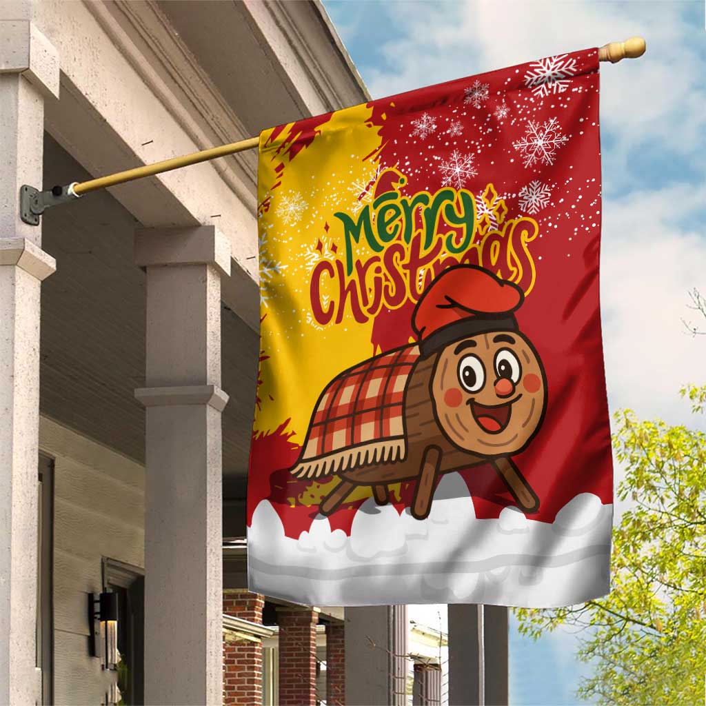 Spain Christmas Garden Flag with Tio de Nadal Log Snowflakes Spanish Flag and Holiday Wreath - Wonder Print Shop