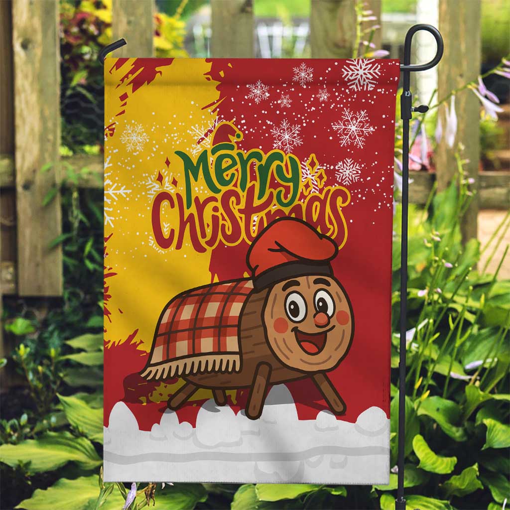 Spain Christmas Garden Flag with Tio de Nadal Log Snowflakes Spanish Flag and Holiday Wreath - Wonder Print Shop