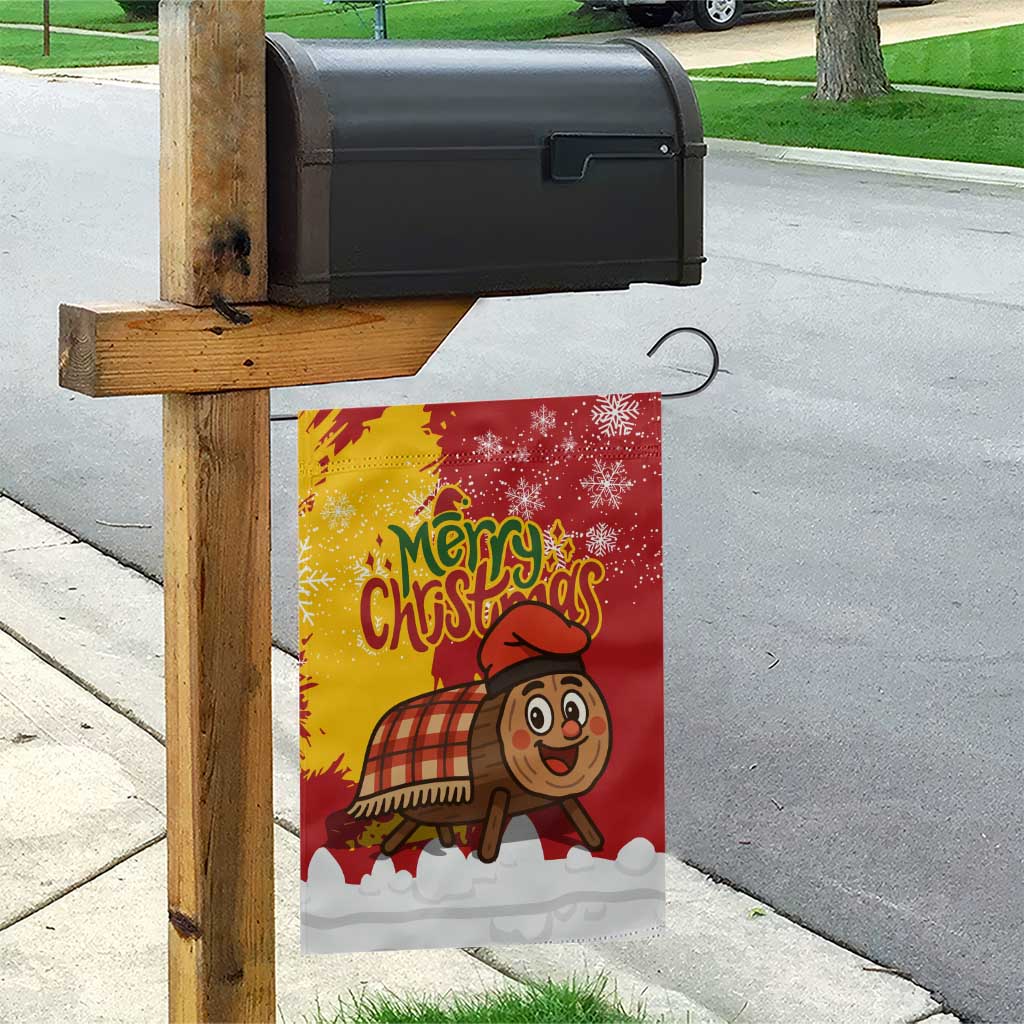 Spain Christmas Garden Flag with Tio de Nadal Log Snowflakes Spanish Flag and Holiday Wreath - Wonder Print Shop