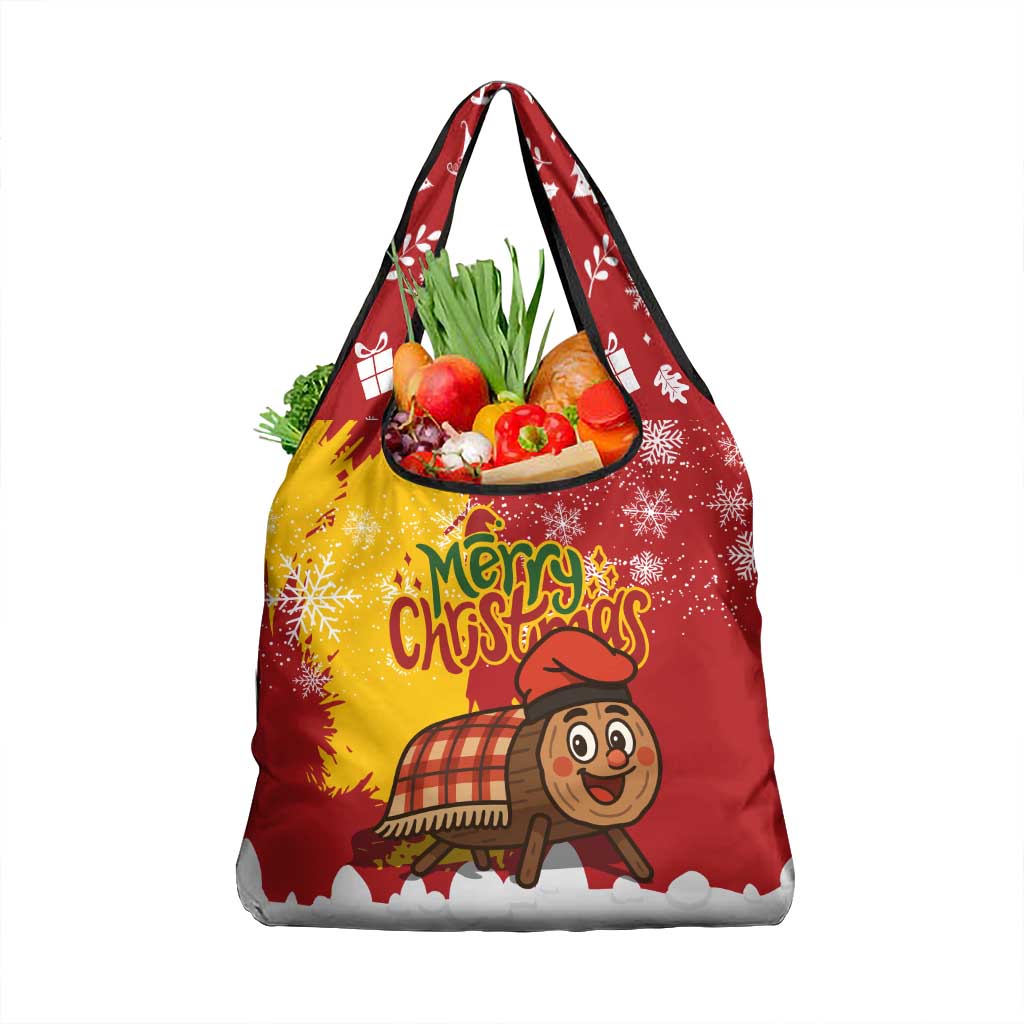 Spain Christmas Grocery Bag with Tio de Nadal Log Snowflakes Spanish Flag and Holiday Wreath - Wonder Print Shop