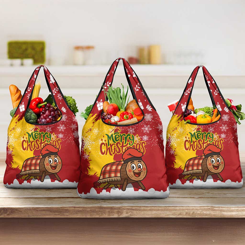 Spain Christmas Grocery Bag with Tio de Nadal Log Snowflakes Spanish Flag and Holiday Wreath - Wonder Print Shop