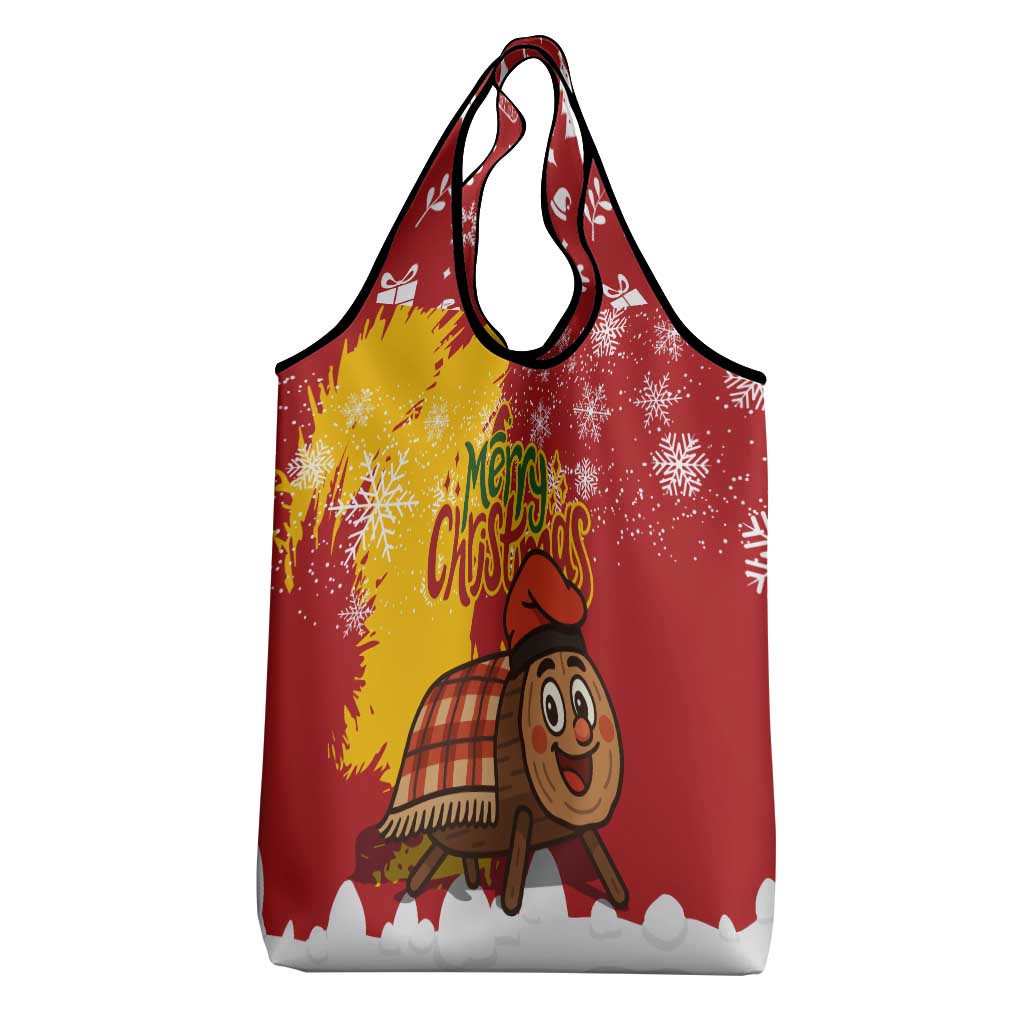 Spain Christmas Grocery Bag with Tio de Nadal Log Snowflakes Spanish Flag and Holiday Wreath - Wonder Print Shop