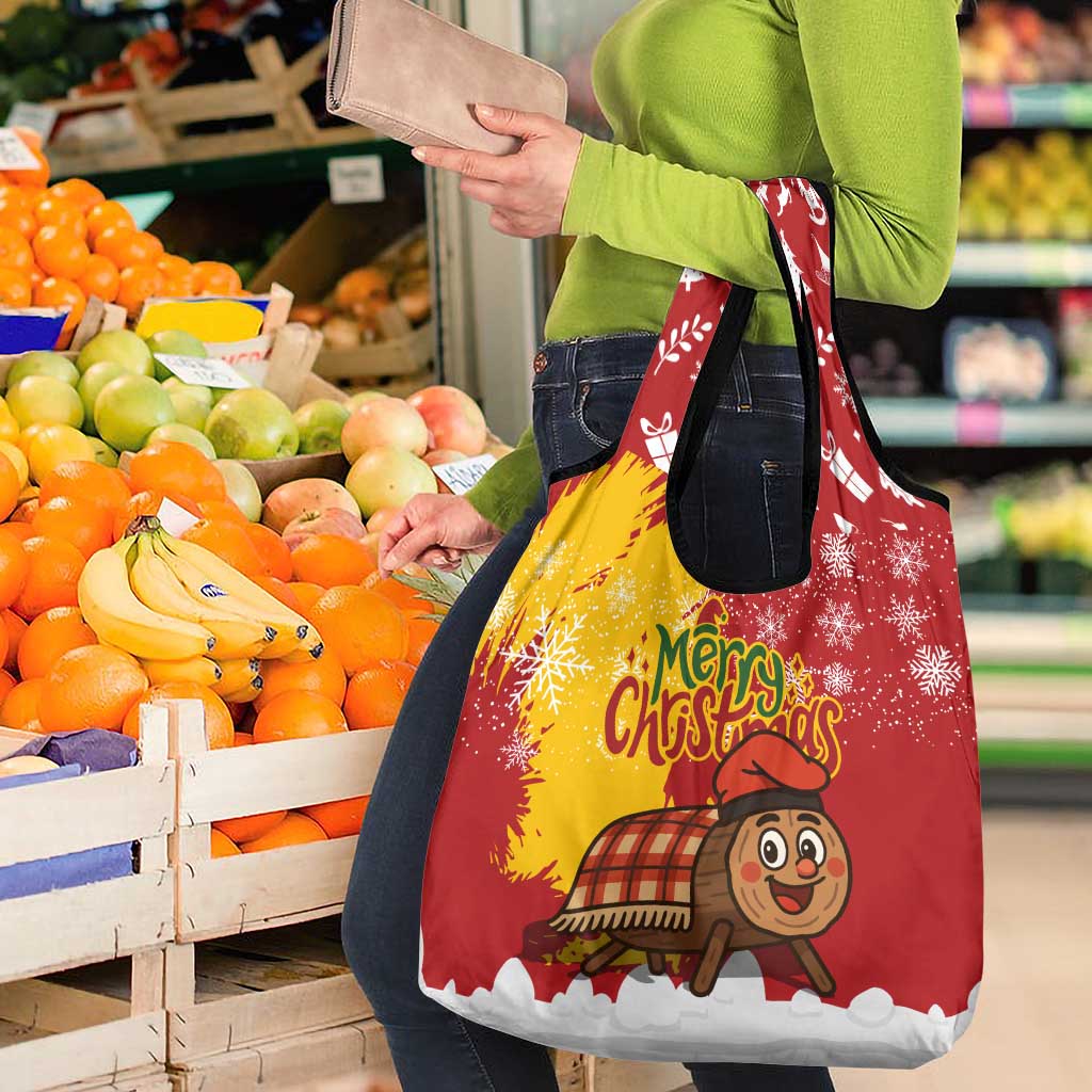 Spain Christmas Grocery Bag with Tio de Nadal Log Snowflakes Spanish Flag and Holiday Wreath - Wonder Print Shop