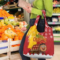 Spain Christmas Grocery Bag with Tio de Nadal Log Snowflakes Spanish Flag and Holiday Wreath - Wonder Print Shop