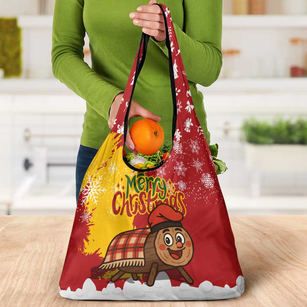 Spain Christmas Grocery Bag with Tio de Nadal Log Snowflakes Spanish Flag and Holiday Wreath - Wonder Print Shop
