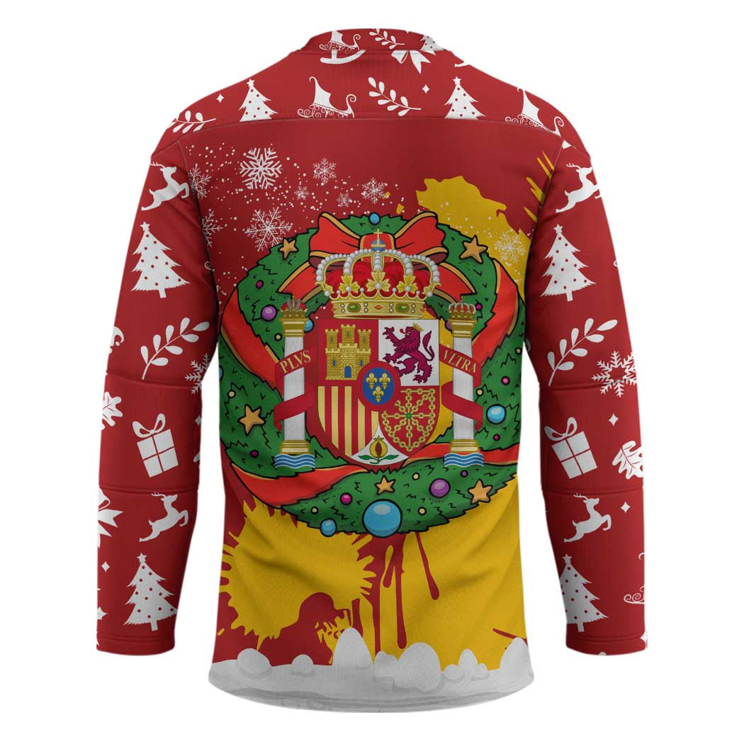 Spain Christmas Hockey Jersey with Tio de Nadal Log Snowflakes Spanish Flag and Holiday Wreath - Wonder Print Shop