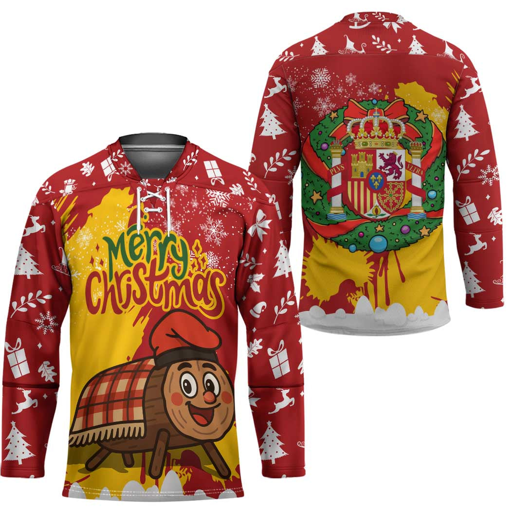 Spain Christmas Hockey Jersey with Tio de Nadal Log Snowflakes Spanish Flag and Holiday Wreath - Wonder Print Shop