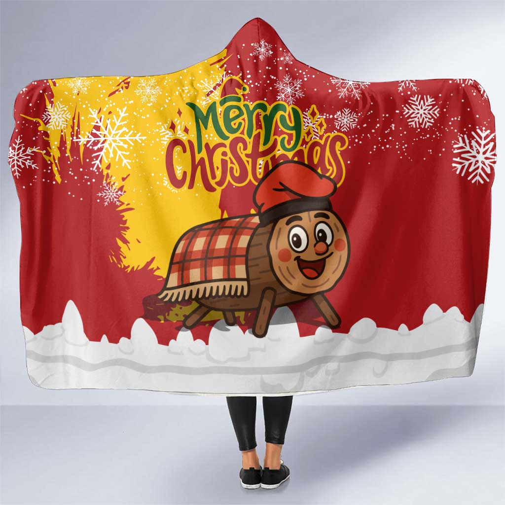 Spain Christmas Hooded Blanket with Tio de Nadal Log Snowflakes Spanish Flag and Holiday Wreath - Wonder Print Shop