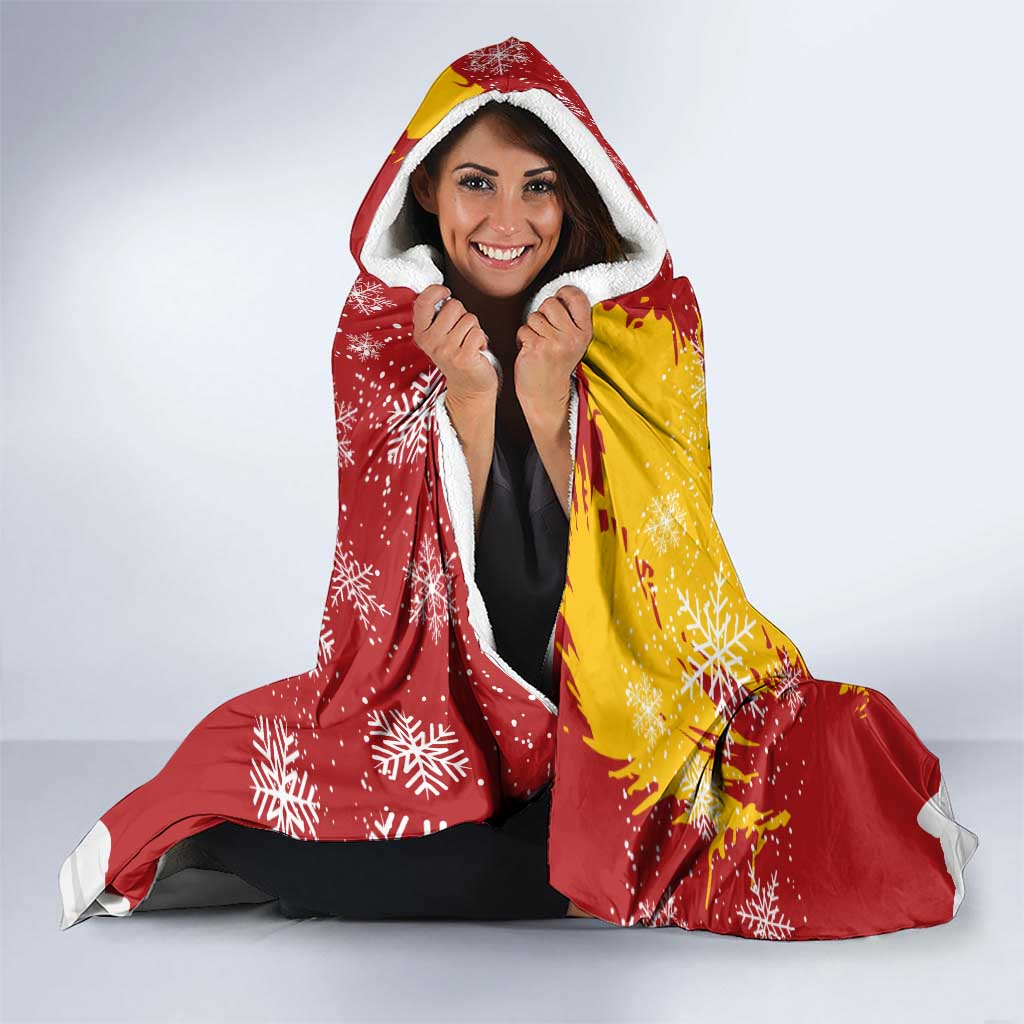 Spain Christmas Hooded Blanket with Tio de Nadal Log Snowflakes Spanish Flag and Holiday Wreath - Wonder Print Shop
