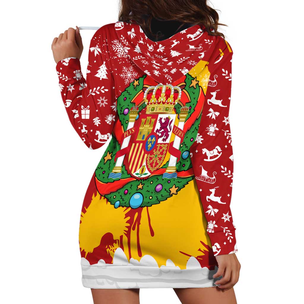 Spain Christmas Hoodie Dress with Tio de Nadal Log Snowflakes Spanish Flag and Holiday Wreath - Wonder Print Shop