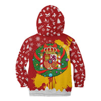 Spain Christmas Kid Hoodie with Tio de Nadal Log Snowflakes Spanish Flag and Holiday Wreath - Wonder Print Shop