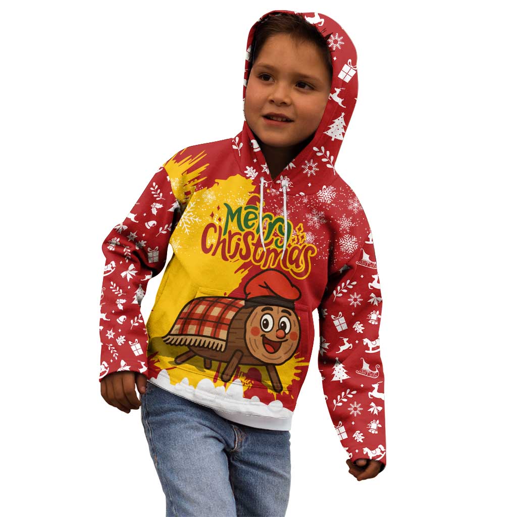 Spain Christmas Kid Hoodie with Tio de Nadal Log Snowflakes Spanish Flag and Holiday Wreath - Wonder Print Shop