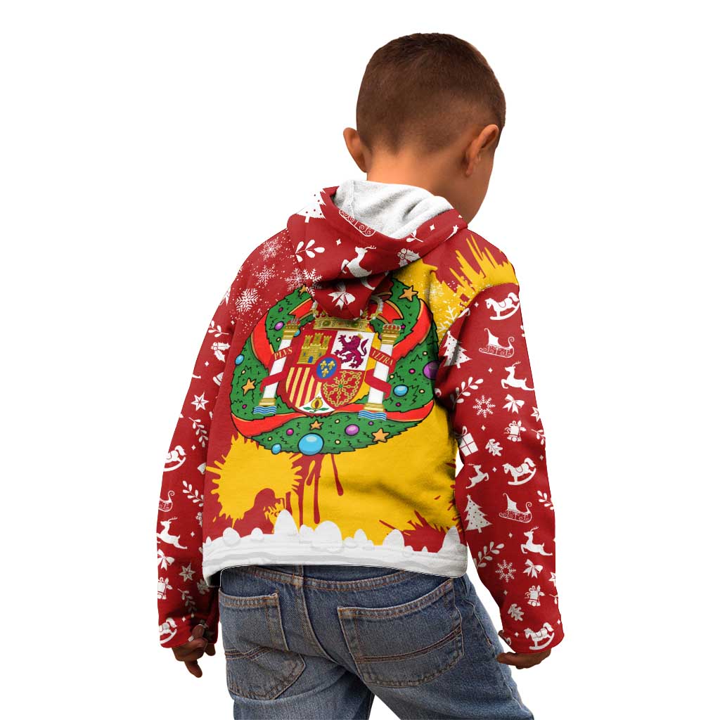 Spain Christmas Kid Hoodie with Tio de Nadal Log Snowflakes Spanish Flag and Holiday Wreath - Wonder Print Shop