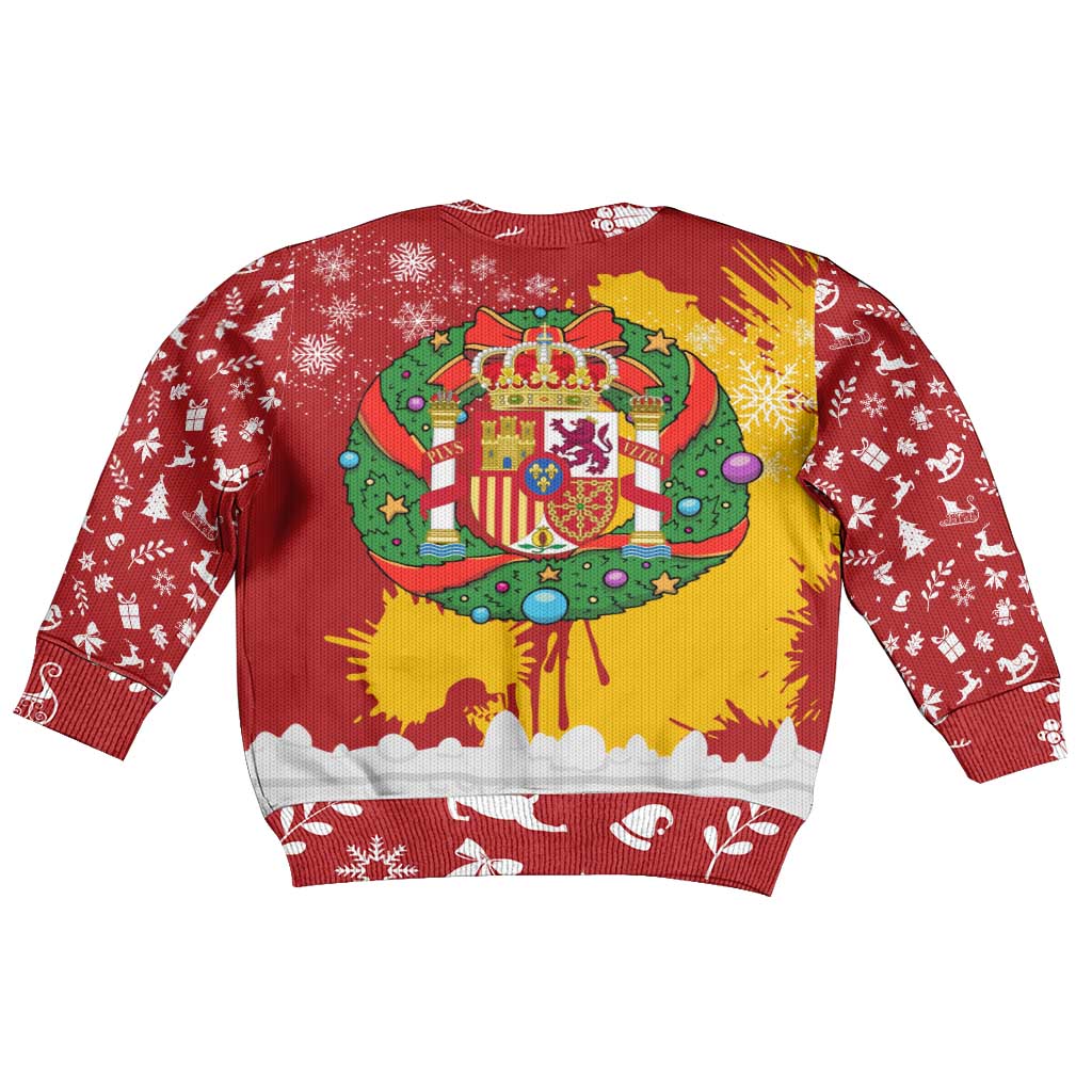 Spain Christmas Kid Ugly Christmas Sweater with Tio de Nadal Log Snowflakes Spanish Flag and Holiday Wreath - Wonder Print Shop