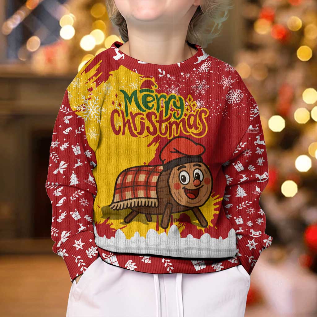 Spain Christmas Kid Ugly Christmas Sweater with Tio de Nadal Log Snowflakes Spanish Flag and Holiday Wreath - Wonder Print Shop