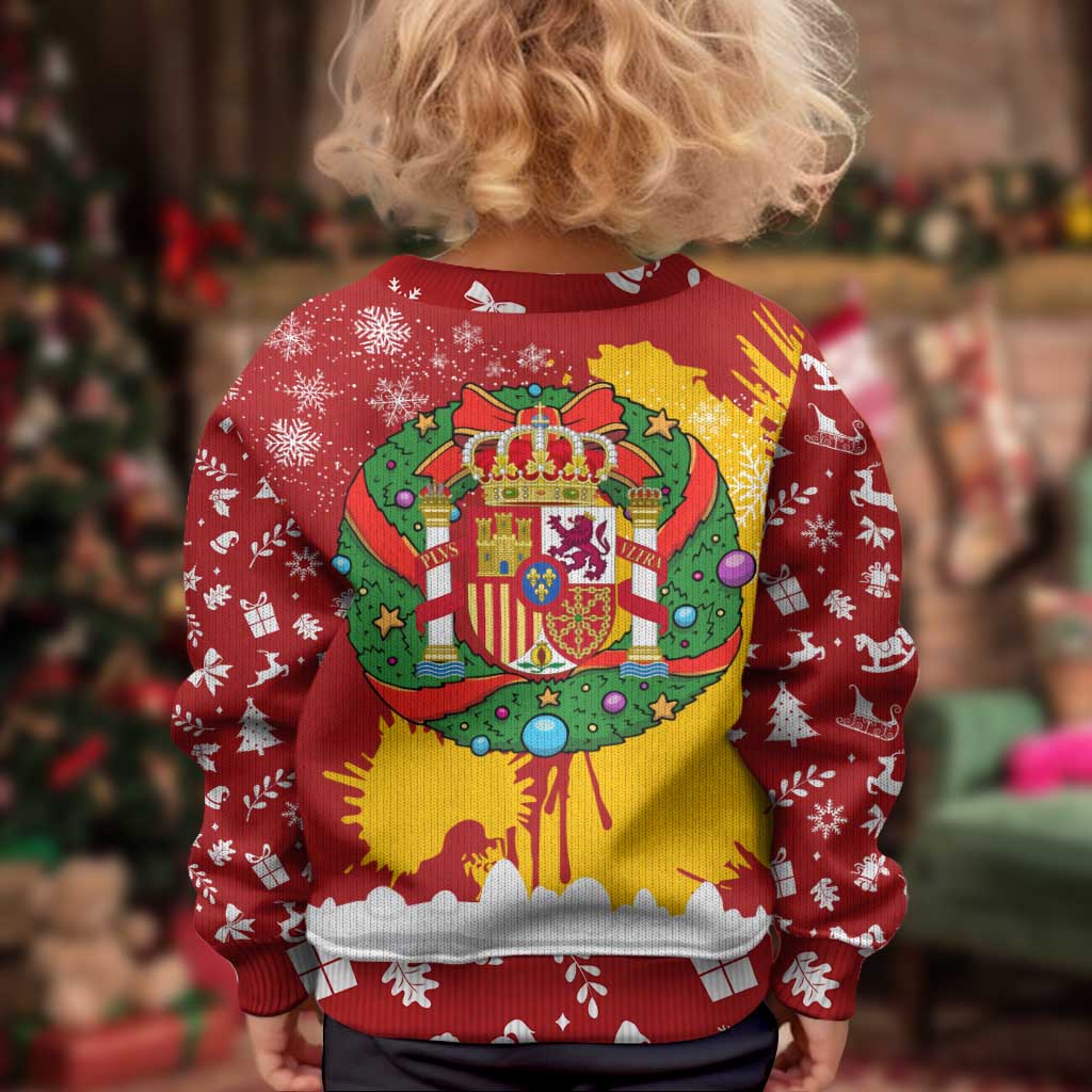 Spain Christmas Kid Ugly Christmas Sweater with Tio de Nadal Log Snowflakes Spanish Flag and Holiday Wreath - Wonder Print Shop