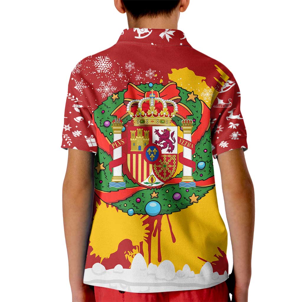 Spain Christmas Kid Polo Shirt with Tio de Nadal Log Snowflakes Spanish Flag and Holiday Wreath - Wonder Print Shop