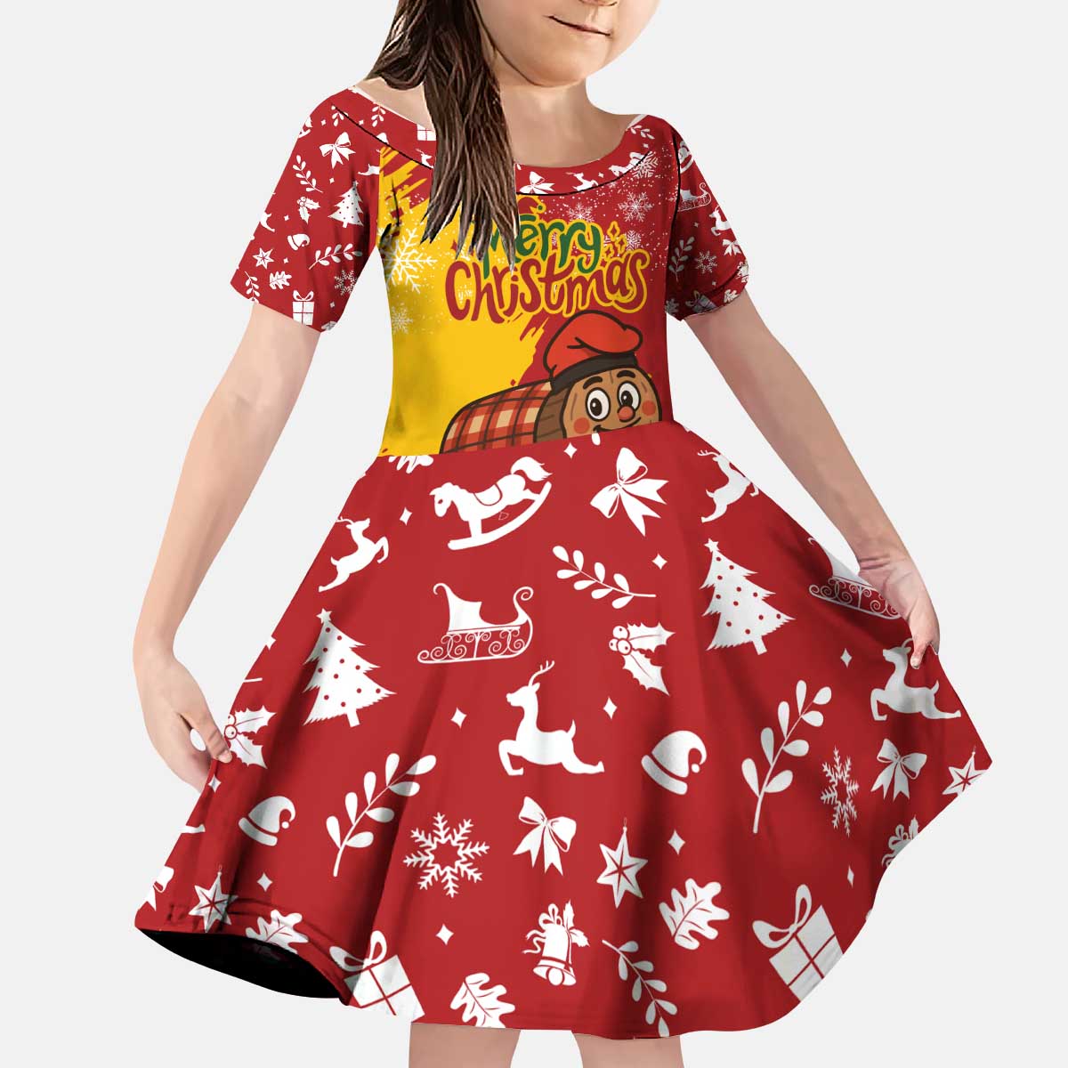Spain Christmas Kid Short Sleeve Dress with Tio de Nadal Log Snowflakes Spanish Flag and Holiday Wreath - Wonder Print Shop