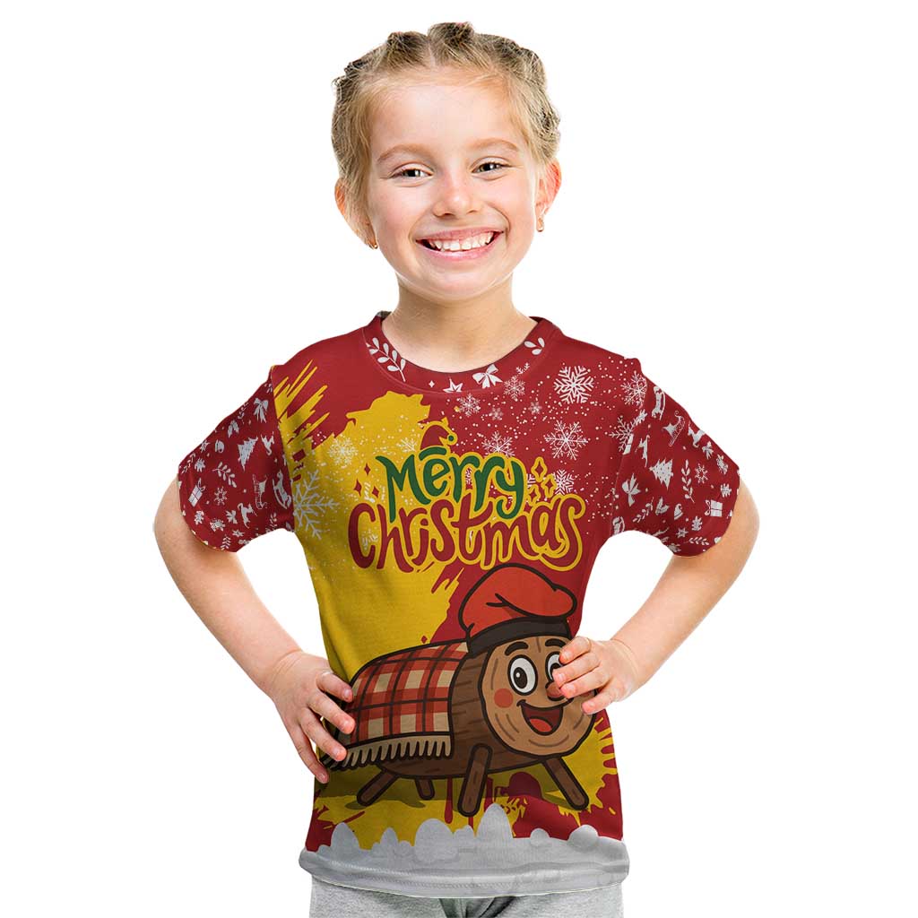 Spain Christmas Kid T Shirt with Tio de Nadal Log Snowflakes Spanish Flag and Holiday Wreath - Wonder Print Shop