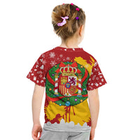 Spain Christmas Kid T Shirt with Tio de Nadal Log Snowflakes Spanish Flag and Holiday Wreath - Wonder Print Shop