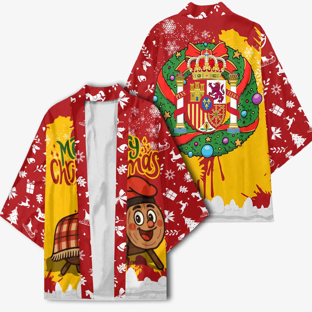 Spain Christmas Kimono with Tio de Nadal Log Snowflakes Spanish Flag and Holiday Wreath - Wonder Print Shop