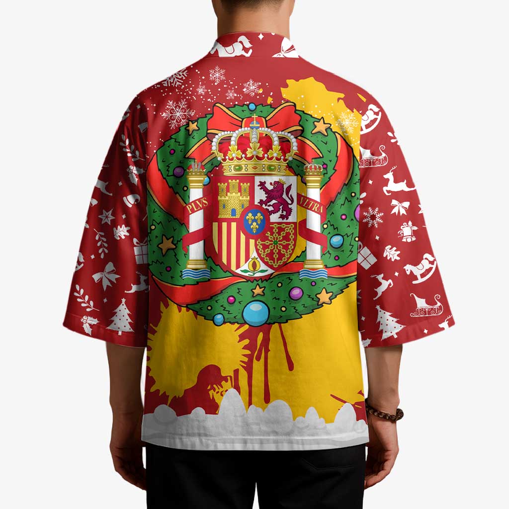 Spain Christmas Kimono with Tio de Nadal Log Snowflakes Spanish Flag and Holiday Wreath - Wonder Print Shop