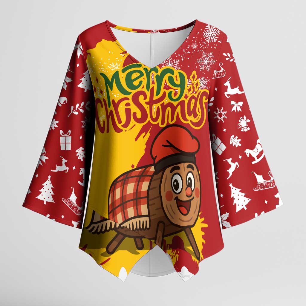 Spain Christmas Kimono Sleeve Blouse with Tio de Nadal Log Snowflakes Spanish Flag and Holiday Wreath - Wonder Print Shop