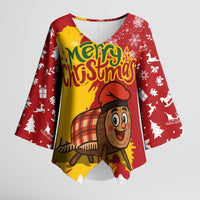 Spain Christmas Kimono Sleeve Blouse with Tio de Nadal Log Snowflakes Spanish Flag and Holiday Wreath - Wonder Print Shop