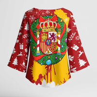 Spain Christmas Kimono Sleeve Blouse with Tio de Nadal Log Snowflakes Spanish Flag and Holiday Wreath - Wonder Print Shop