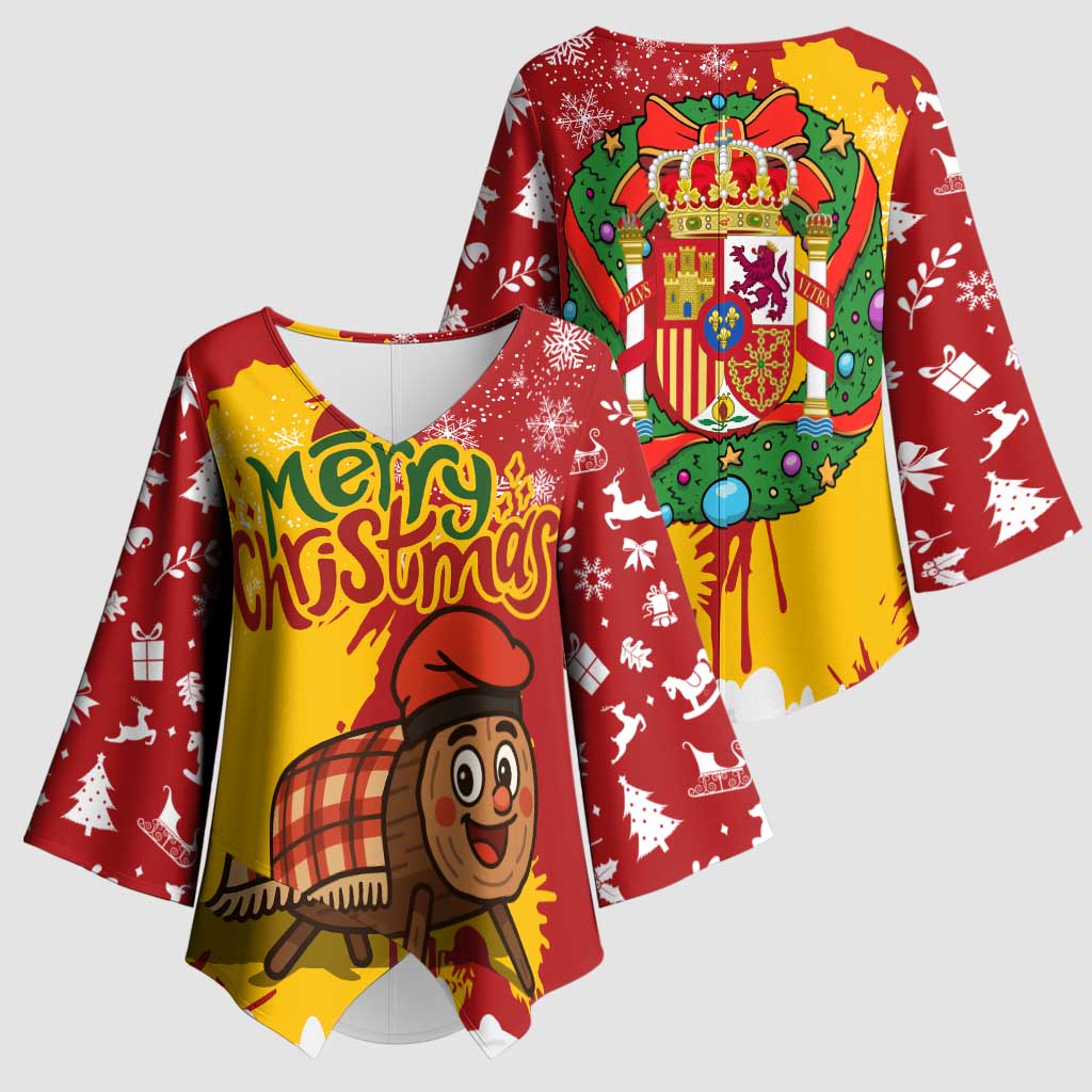 Spain Christmas Kimono Sleeve Blouse with Tio de Nadal Log Snowflakes Spanish Flag and Holiday Wreath - Wonder Print Shop