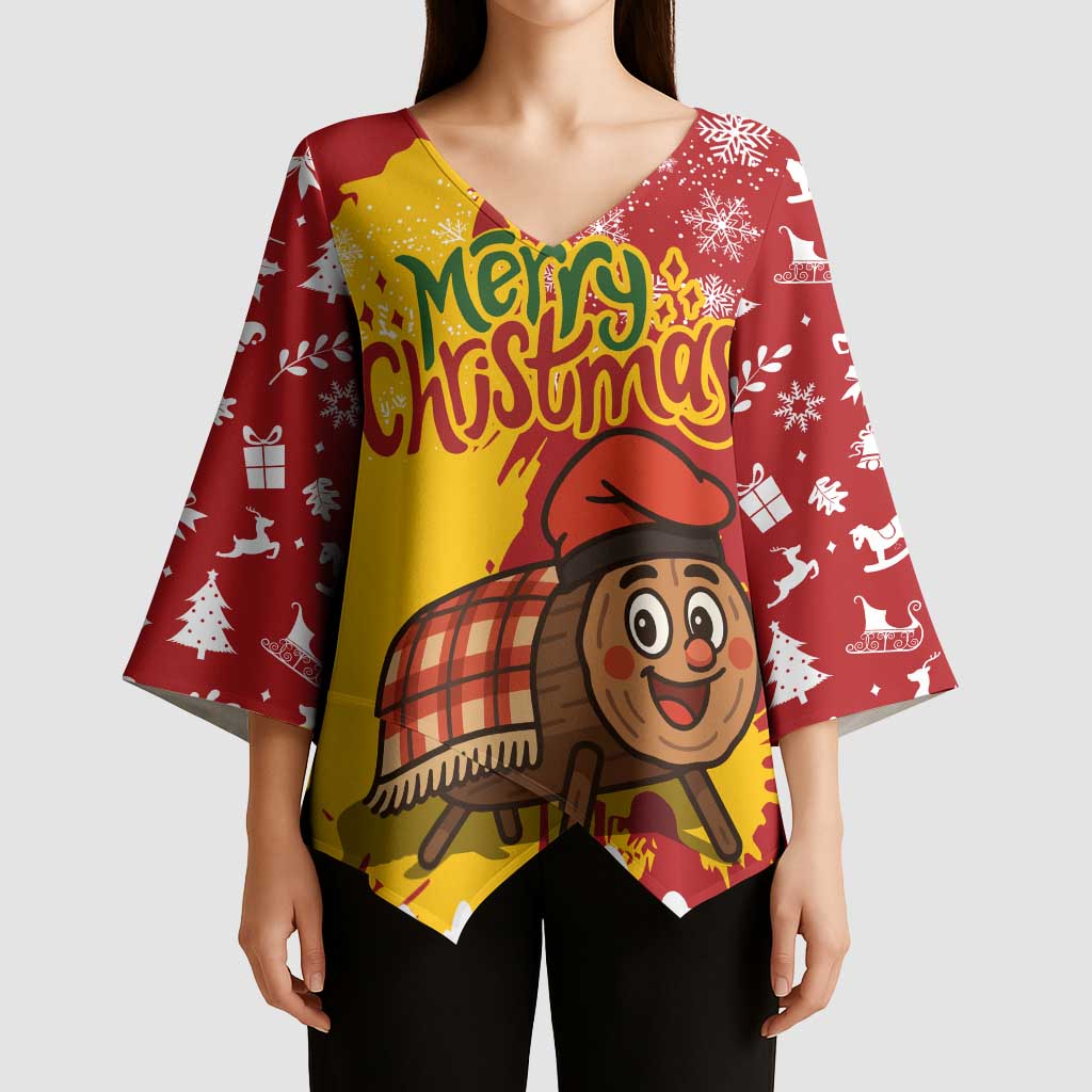 Spain Christmas Kimono Sleeve Blouse with Tio de Nadal Log Snowflakes Spanish Flag and Holiday Wreath - Wonder Print Shop