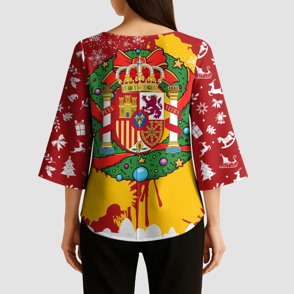 Spain Christmas Kimono Sleeve Blouse with Tio de Nadal Log Snowflakes Spanish Flag and Holiday Wreath - Wonder Print Shop
