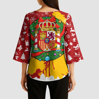 Spain Christmas Kimono Sleeve Blouse with Tio de Nadal Log Snowflakes Spanish Flag and Holiday Wreath - Wonder Print Shop