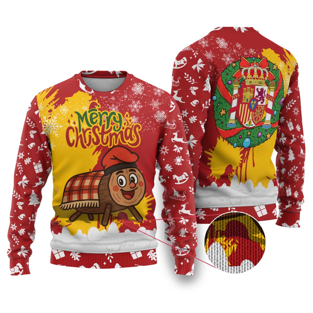 Spain Christmas Ugly Christmas Sweater with Tio de Nadal Log Snowflakes Spanish Flag and Holiday Wreath - Wonder Print Shop